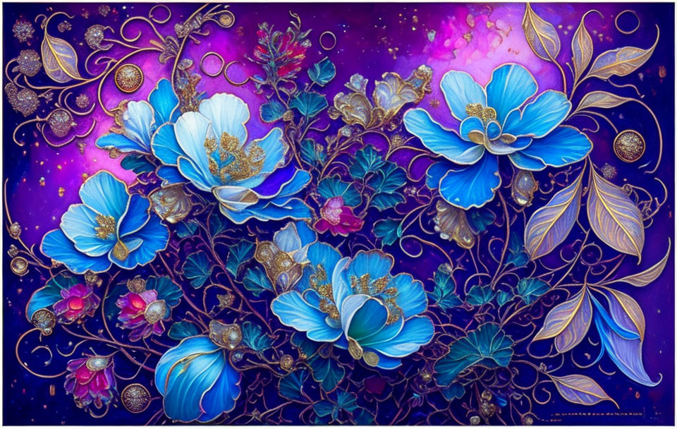 Colorful Stylized Blue Flowers with Golden Details on Purple and Pink Cosmic Background