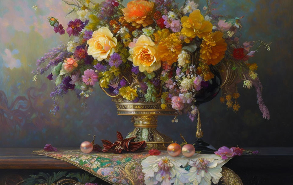Colorful Still Life Painting: Flowers in Golden Vase, Peaches on Table