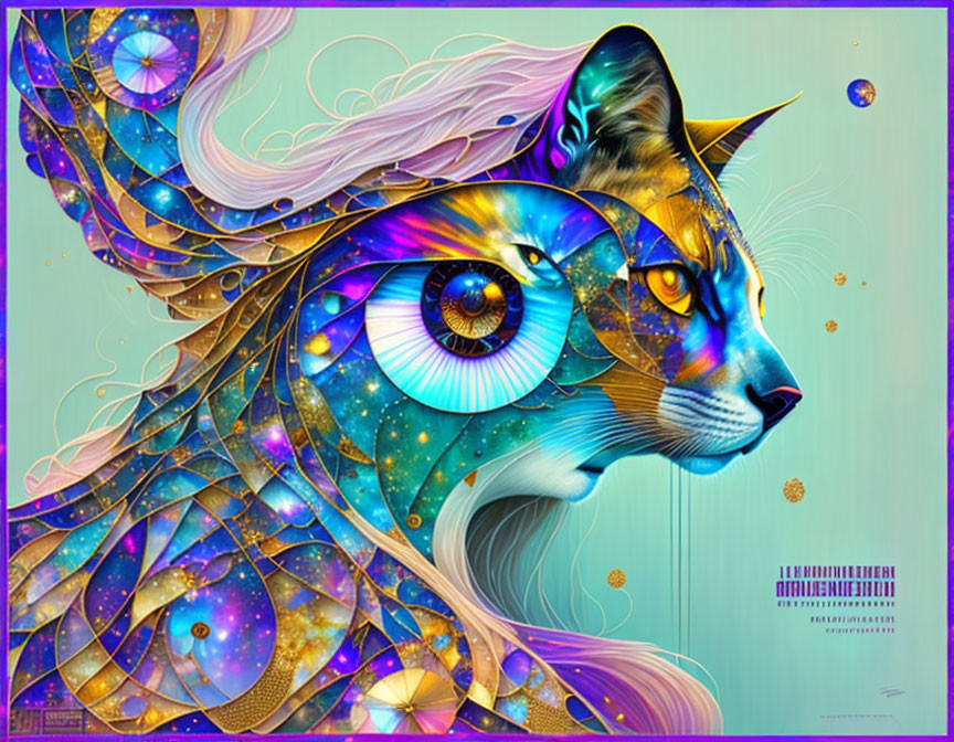 Colorful Stylized Cat Artwork with Cosmic Patterns on Teal Background