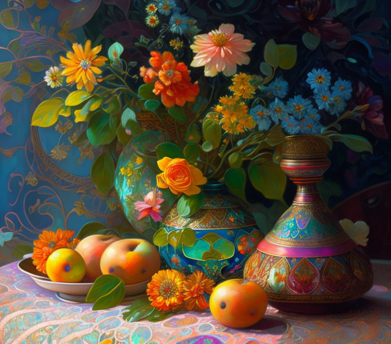 Vibrant still life painting with flowers, vases, and fruit