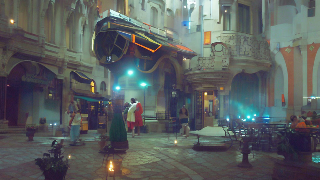 Futuristic vehicle hovers over old-fashioned square at night