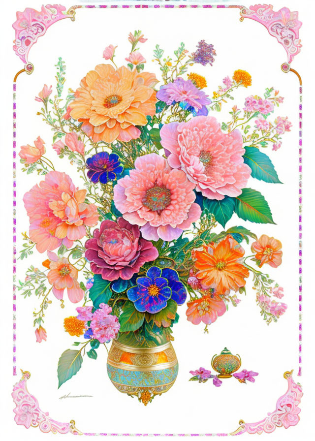 Colorful Floral Arrangement in Golden Vase with Ornate Border