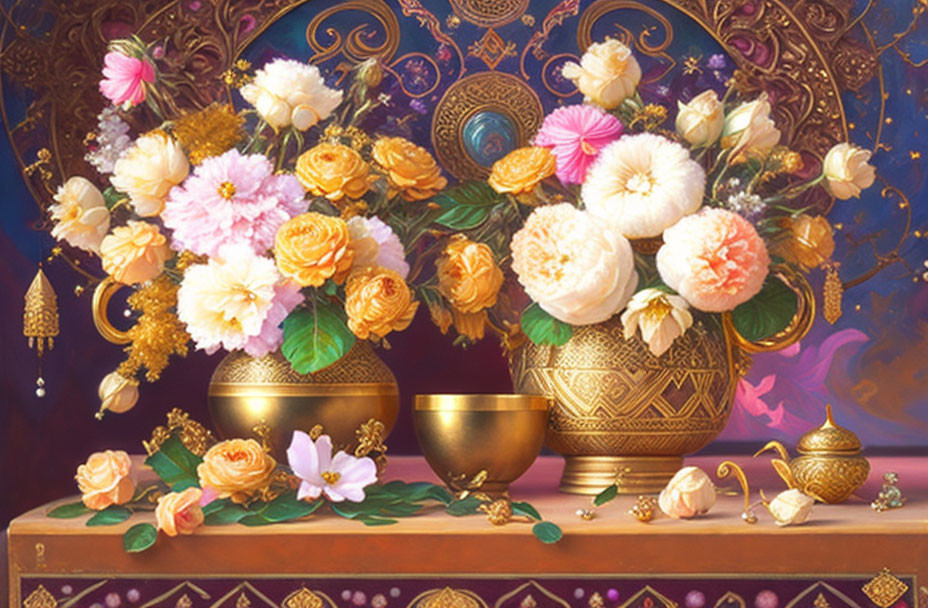 Colorful Still Life Painting with Flowers in Golden Vases
