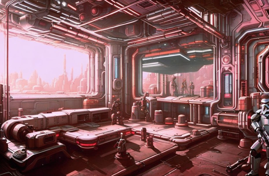 Futuristic spaceship interior with cityscape view and machinery.
