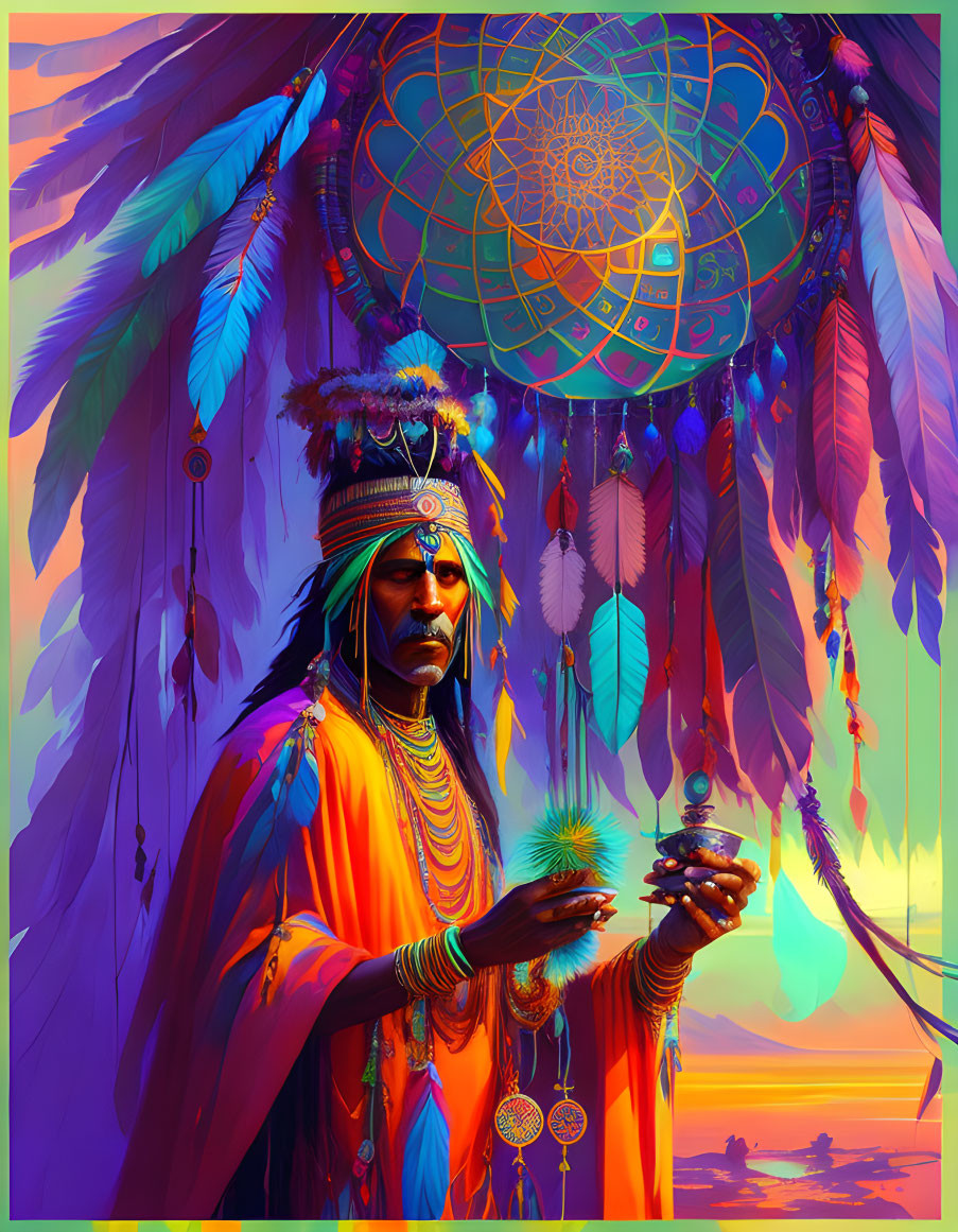 Native American chief with feather headdress and staff in sunset scene.