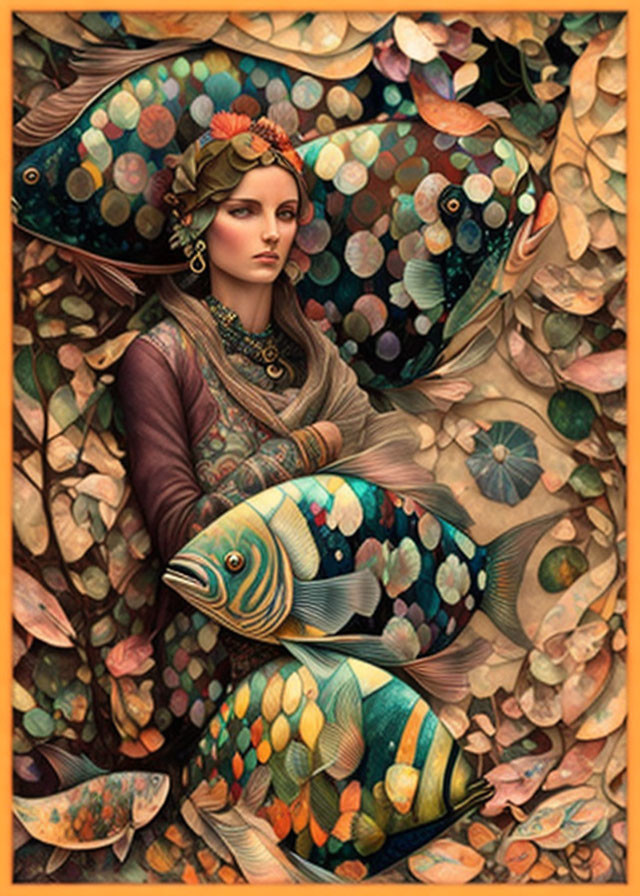 Woman adorned with ornate jewelry among vibrant fish and autumn leaves in mystical setting