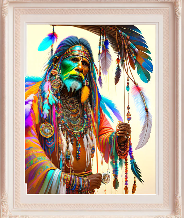Vibrant Native American Chief Artwork in Feather Headdress Display