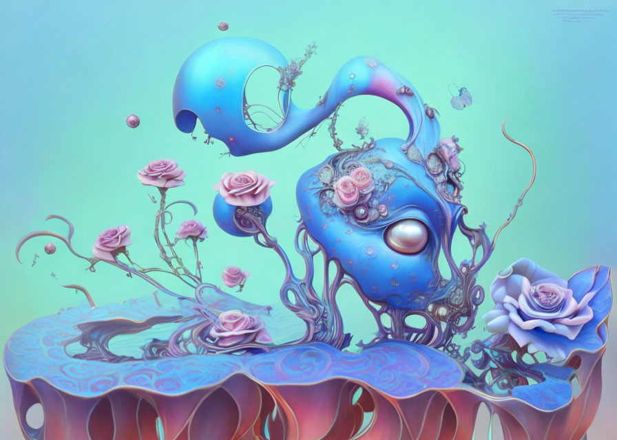 Whimsical blue digital artwork with surreal plant and rose elements