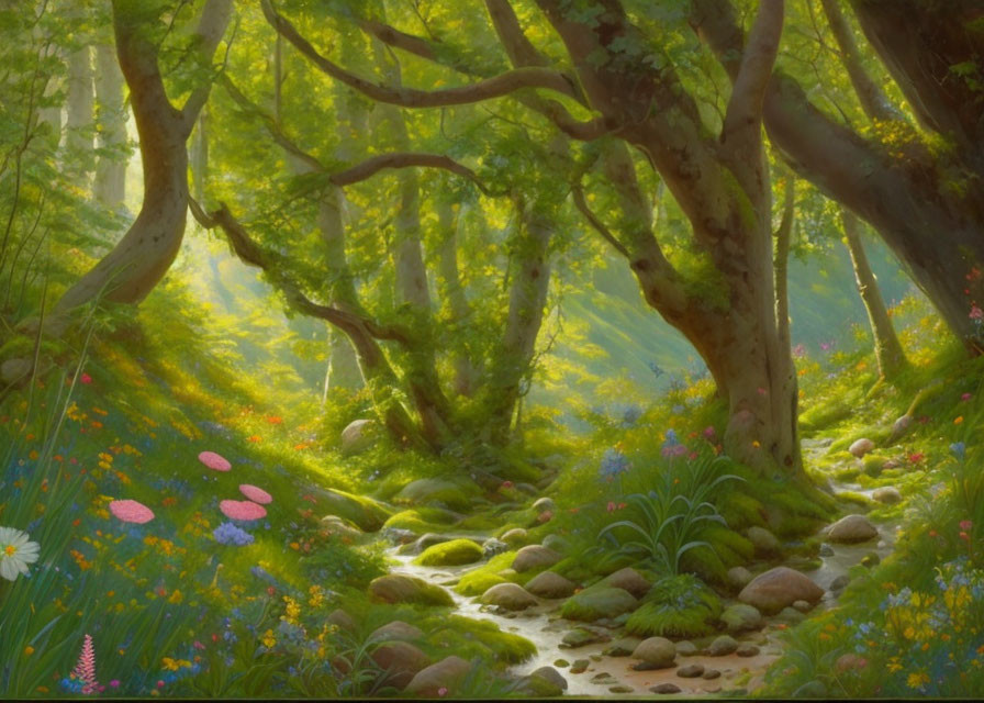 Lush forest scene with sunlight, mossy floor, wildflowers, ancient trees