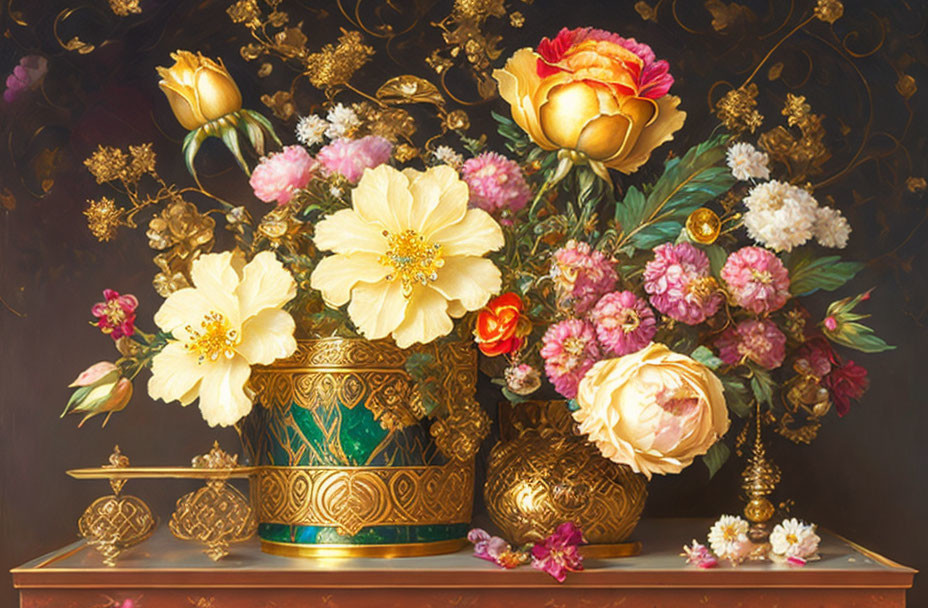Colorful flower still-life painting with golden vase on reflective surface