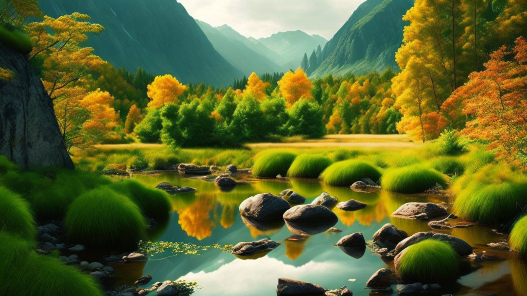 Tranquil river with moss-covered rocks, autumn trees, and mountain backdrop