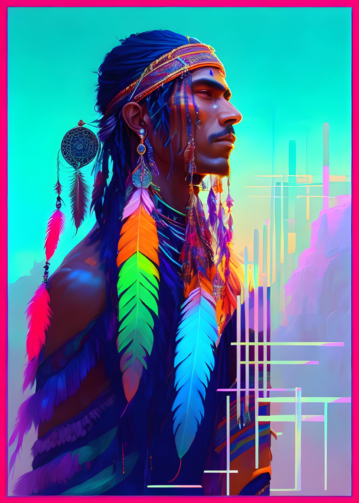 Colorful Digital Art of Native American Man in Desert