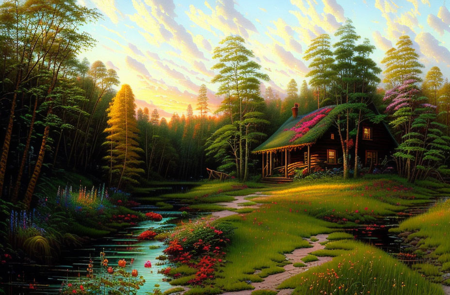 Tranquil cabin in lush landscape with stream at sunset