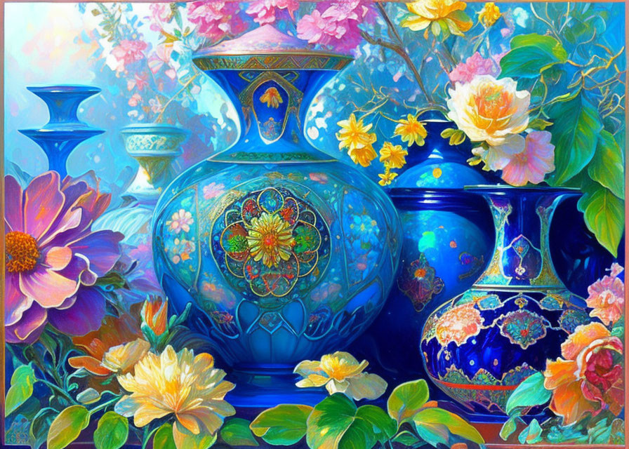 Colorful Vases and Blossoms in Vibrant Still-Life Image