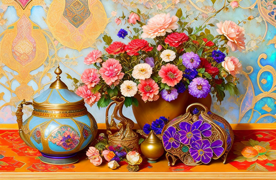 Colorful Flower Bouquet, Golden Teapot, and Metallic Containers on Floral Background