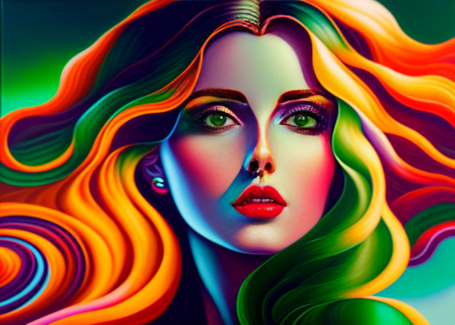Colorful digital portrait of a woman with multicolored hair and green eyes, showcasing vibrant swirling patterns