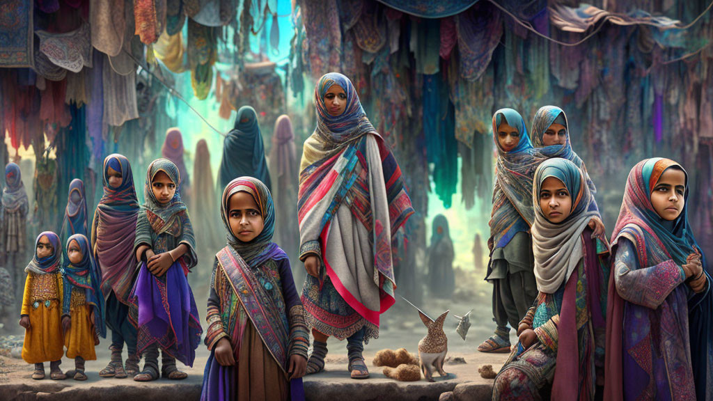 Children in Traditional Clothing at Colorful Marketplace with Textiles and Dog