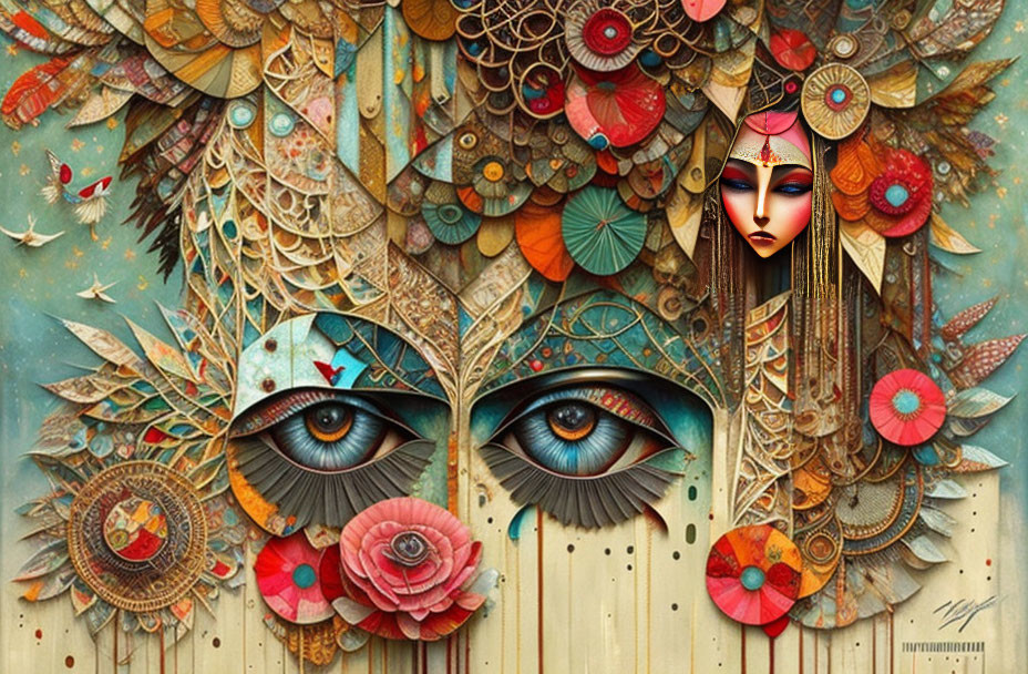 Abstract Human Face Artwork with Ornate Headdress and Decorative Elements