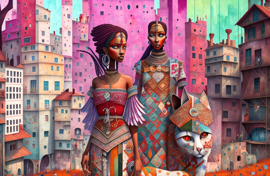 Stylized women in elaborate attire with large patterned cat in colorful cityscape