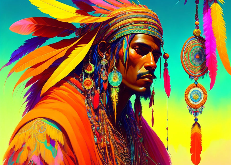 Vibrant Native American art with traditional attire and dreamcatchers