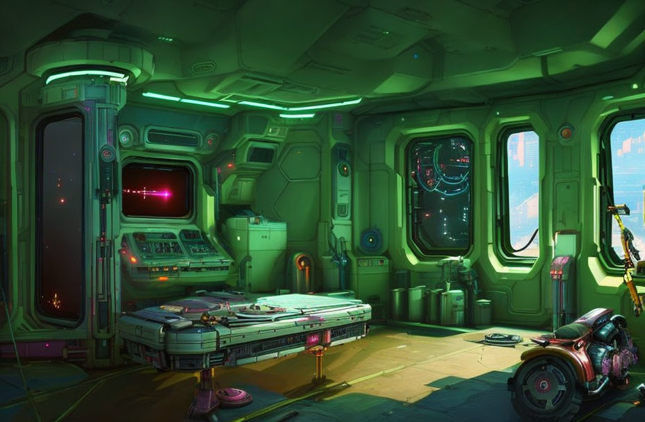 Futuristic spaceship interior with neon lights and control panels