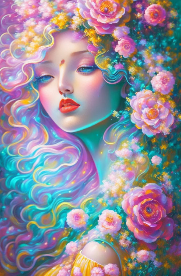 Colorful woman illustration with flowing hair and flowers in dreamlike style