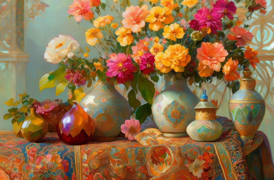 Colorful Flowers in Ornate Vases Against Pastel Background