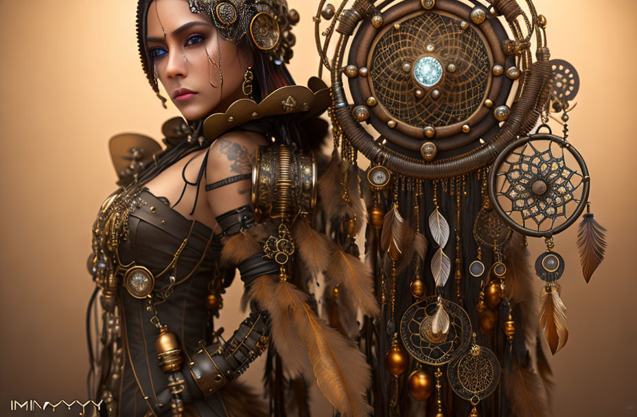 Intricate steampunk attire with gears, feathers, and metallic centerpiece