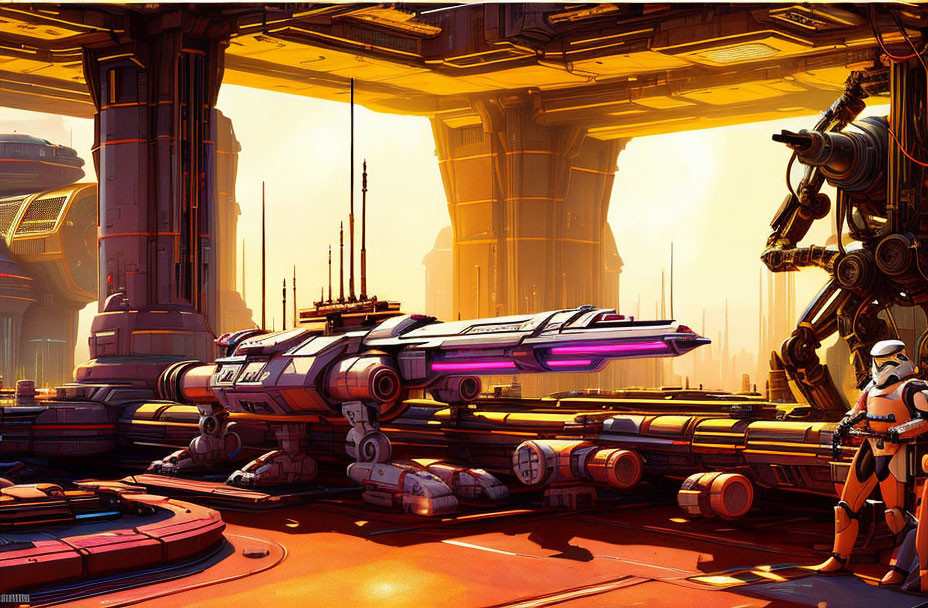 Futuristic sci-fi cityscape with stormtrooper and spacecraft