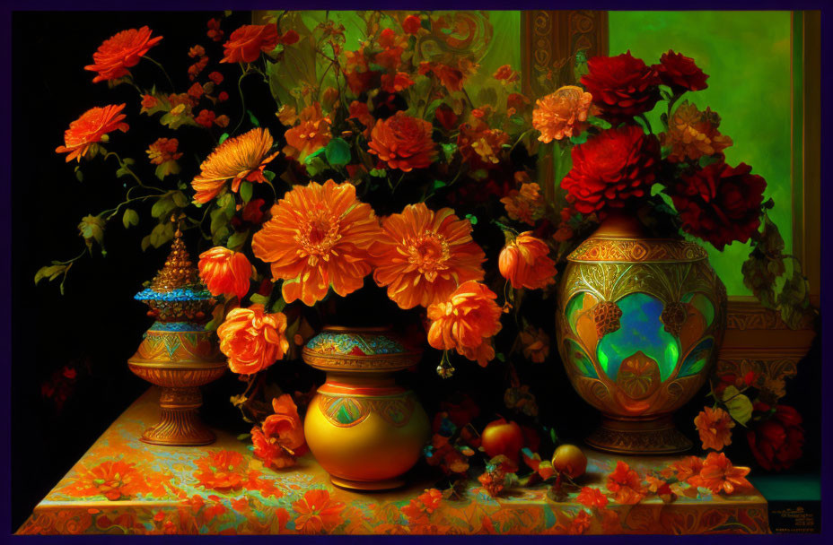 Colorful still life with orange flowers, vases, and fruits on draped table