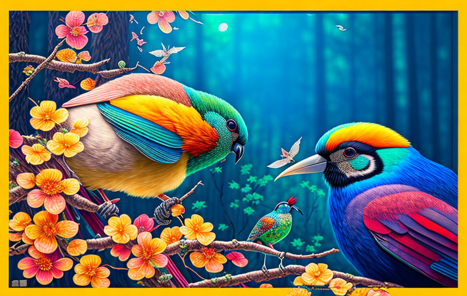 Colorful Birds on Flowering Branches in Blue Forest Scene