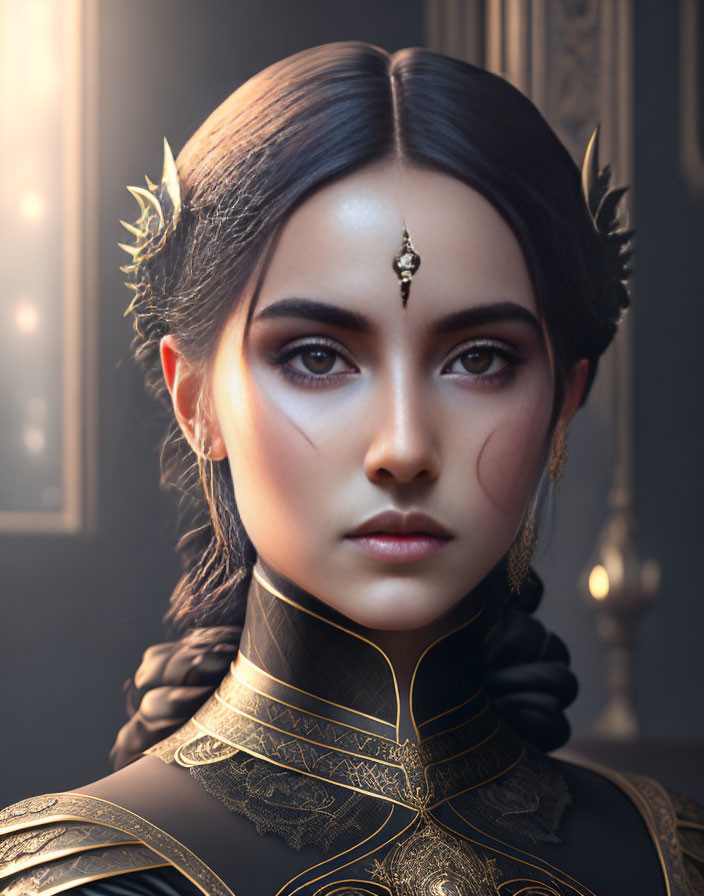 Fantasy-themed portrait of woman with golden headpiece and intricate collar armor