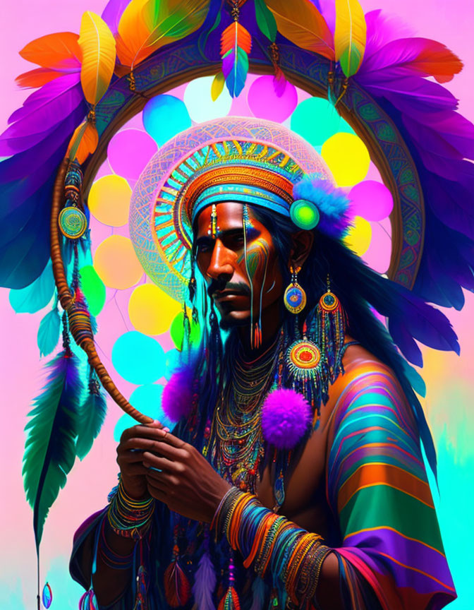 Colorful Illustration of Man in Indigenous Attire with Feather Headdress and Face Paint