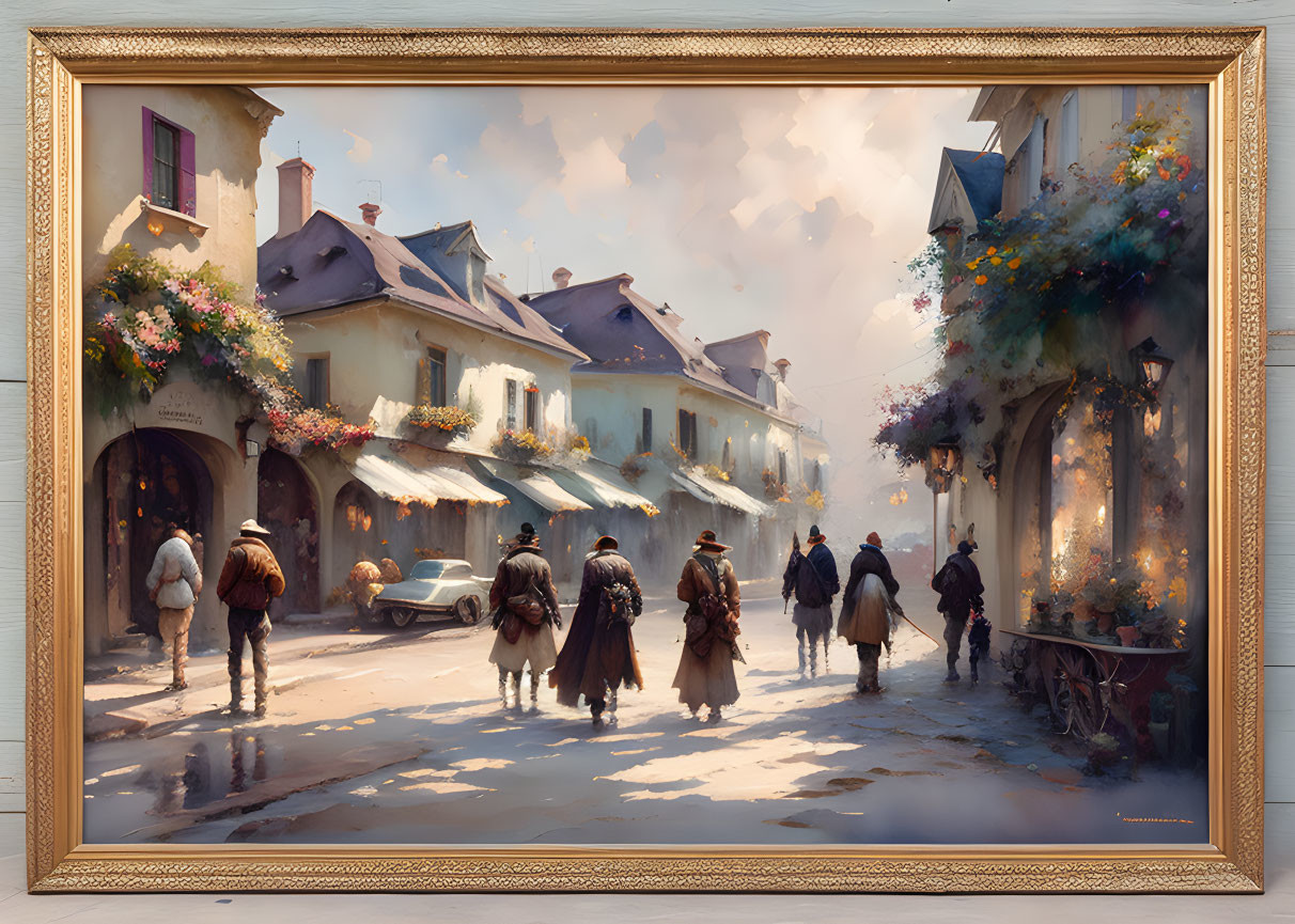 Historical street scene painting with bustling people and warm sunlight