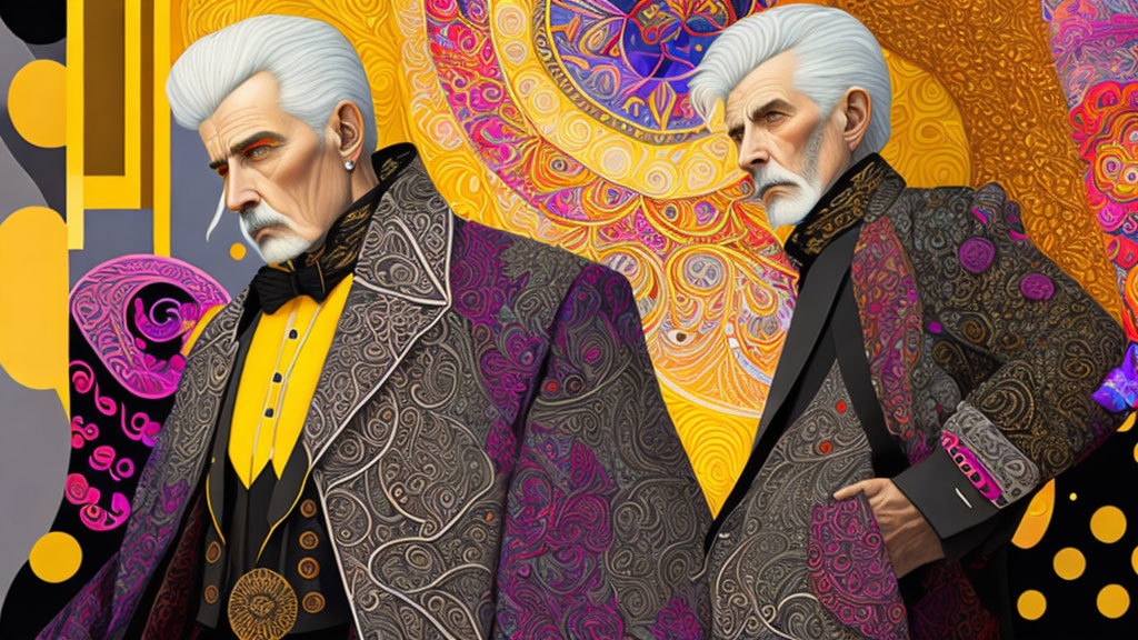 Digital Artwork: Identical Men in Ornate Suits with Psychedelic Background