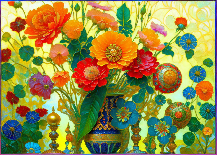 Colorful Floral Arrangement Painting with Orange and Red Blooms