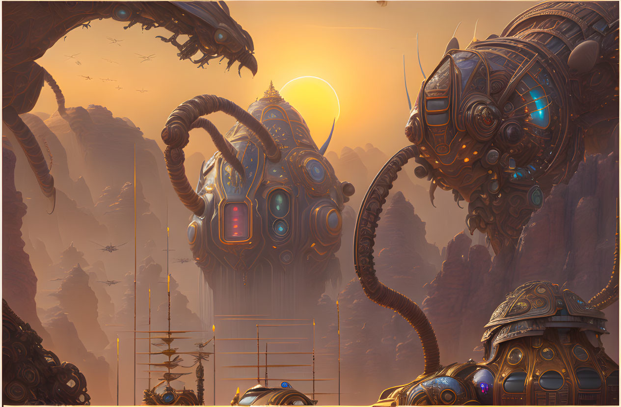 Alien landscape with futuristic structures and robotic orbs at sunset