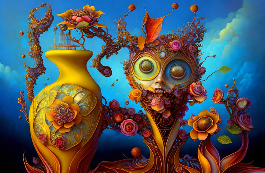 Colorful surreal artwork featuring floral humanoid figure and stylized vase with intricate patterns in dream-like ambiance