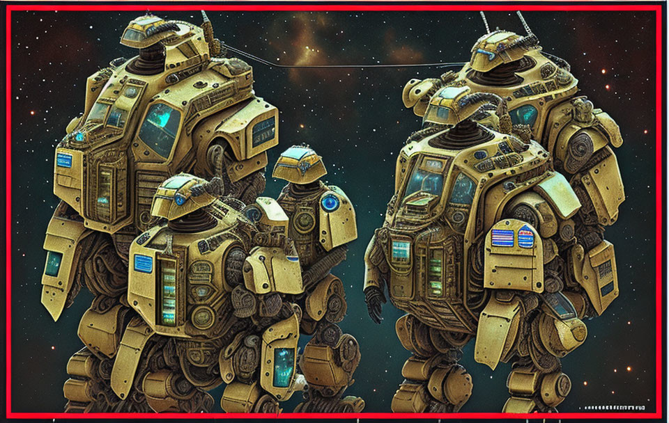 Detailed futuristic robots with mechanical arms in complex designs against starry space background