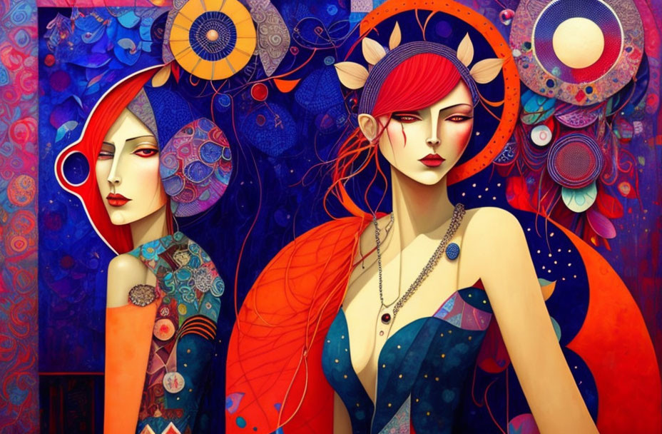 Colorful Artwork: Stylized Women with Ornate Patterns & Sun-Lunar Motifs