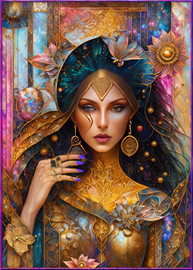 Cosmic Woman Portrait with Golden Ornaments & Celestial Motifs