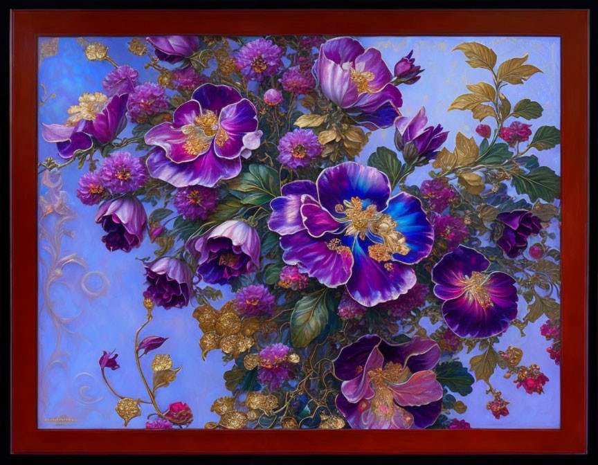 Colorful Painting of Purple Flowers with Golden Accents on Blue Background