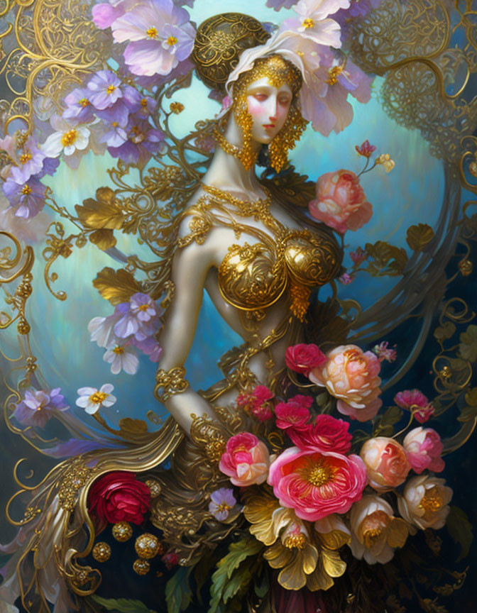 Woman in gold attire surrounded by flowers on blue background
