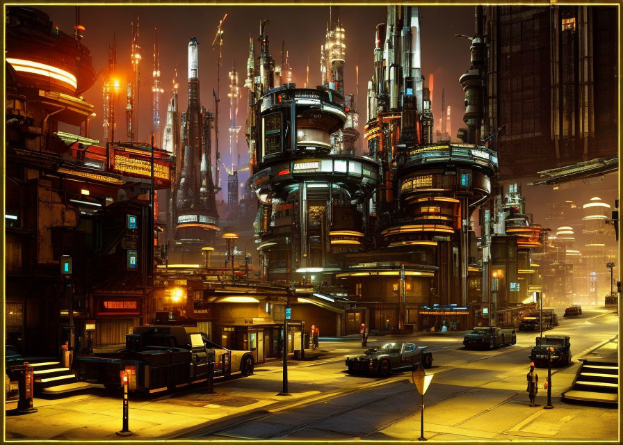 Futuristic night cityscape with neon lights, skyscrapers, flying vehicles, and urban architecture
