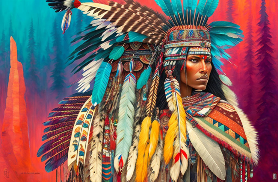 Person in Vibrant Native American Headdress in Colorful Forest