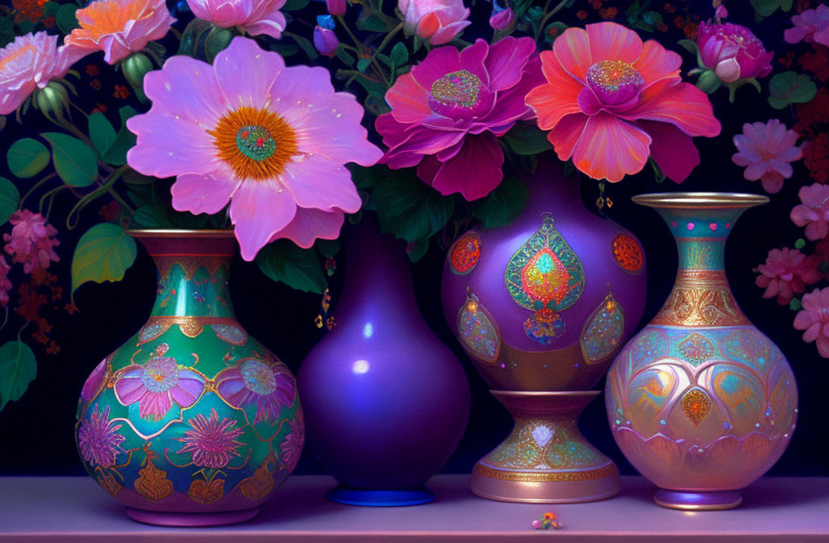 Colorful Still Life Featuring Ornate Vases and Blooming Flowers