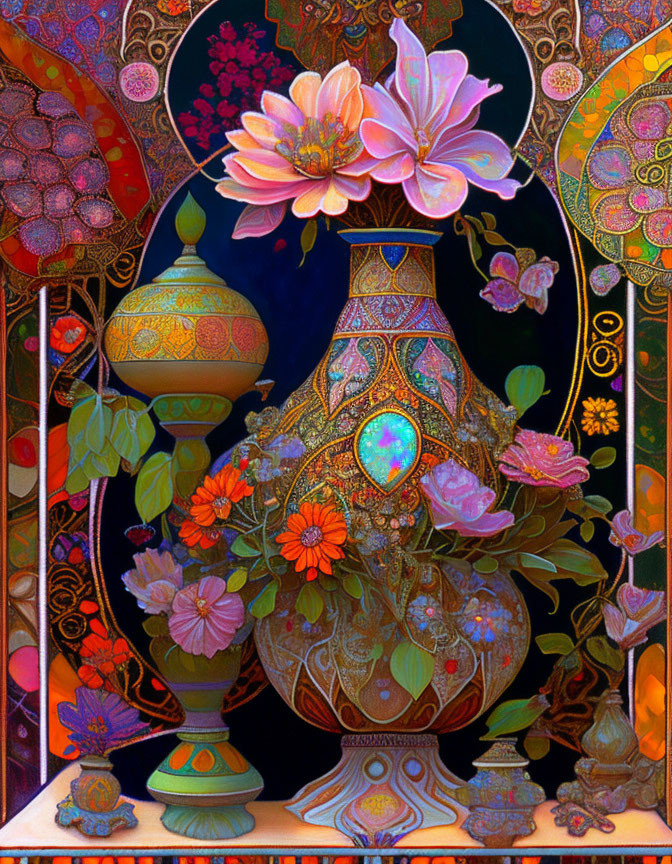 Colorful Still Life Painting with Ornate Vase and Flowers