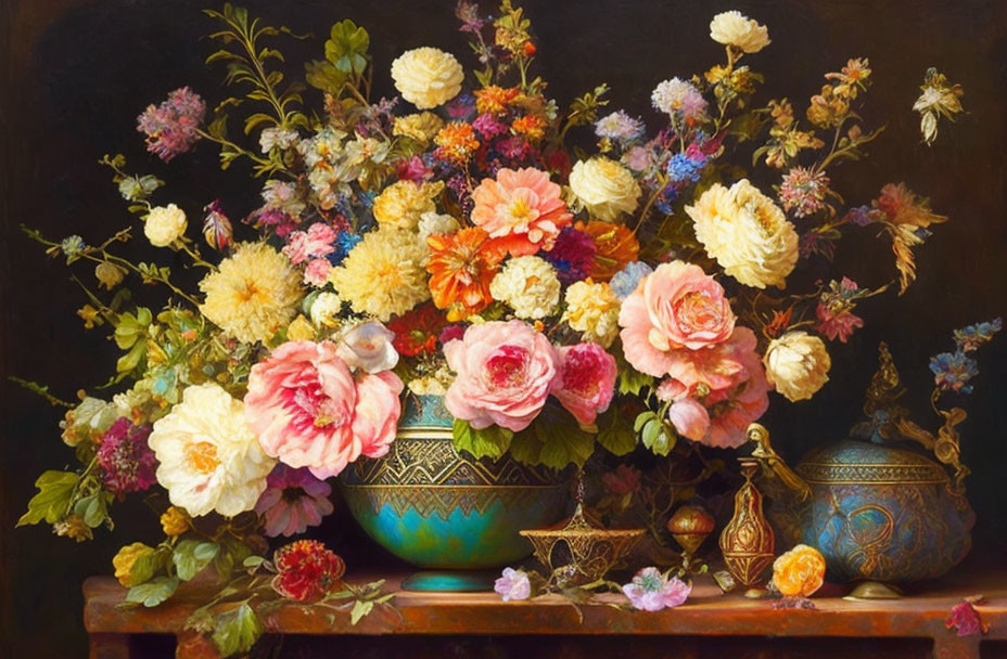 Colorful Still Life Painting with Flowers and Vases
