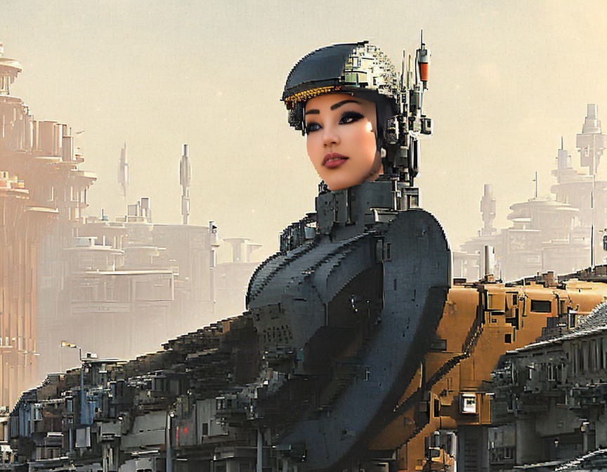 Digital artwork: Woman with cybernetic body in futuristic cityscape