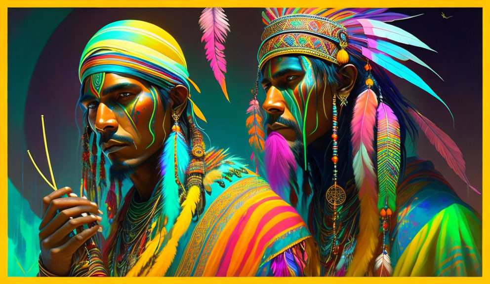 Men in vibrant Native American headdresses with intricate patterns and feathers on colorful backdrop